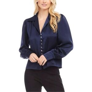Karen Kane Shirred Satin Blouse Navy Blue NWT XS